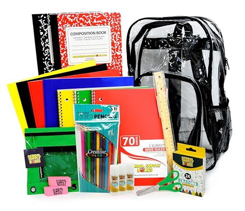 School Supply Boxes | 17" (Black or Clear) Backpack Bundle for (Elementary, Intermediate, or High School) (Elementary, Clear) - color: Clear, style: Elementary