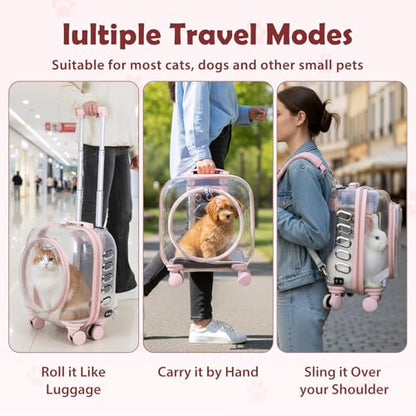 Cat Carrier Backpack with Silent Wheels, Clear Cat Stroller with Ventilation Holes, Telescopic Handle, Convenient Portable Cats Dogs Backpack for Travel (Light Pink-B) - color: Light Pink-B