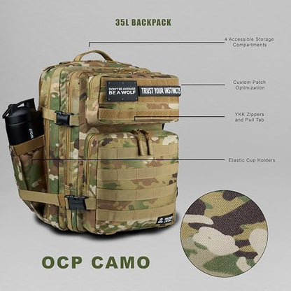 WOLFpak 35L Athletic Gym Backpack - Durable 1000D Waterproof Oxford Material with MOLLE Webbing, Laptop Pocket & Dual Cup Holders, Durable Fitness/Travel/Military Daypack (OCP Camo) - color: Ocp Camo