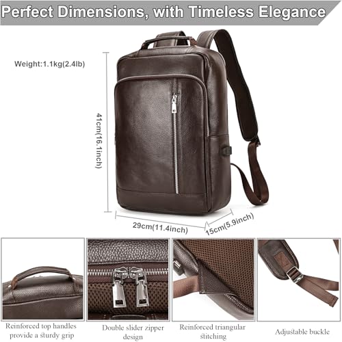 Genuine Leather 15.6 Inch Laptop Backpack for Men, Multi Pocket Slim Daypack Shoulder Bag with Trolley Sleeve for Business Travel (Brown) - color: Y80&28y Coffee