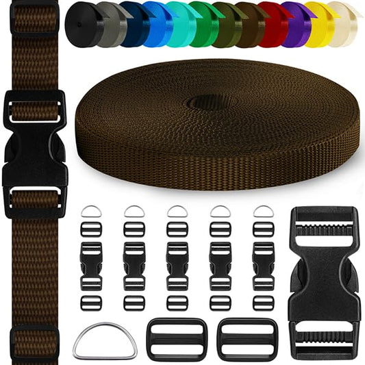 TECEUM Buckles & Strap Kit – 3/4" Brown Nylon Webbing 6 (yd) – 6 Heavy Duty Adjustable Plastic Buckles – 12 Tri-Glide Slide Clips – 6 Metal D-Ring – Ideal Straps for Arts Crafts Outdoors Indoors DIY - color: Brown, size: 3/4" - 6 yards, style: 6 Buckle -