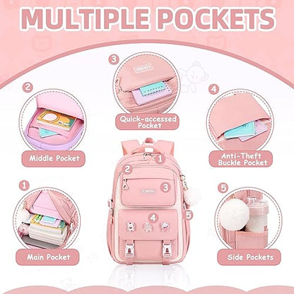 Girls Backpack, Kids Backpack for Girls with Anti-theft Back Pocket, Lightweight School Bookpack, Watrer Resistant, Bookbag for Elementary Primary School, Pink - color: Pink