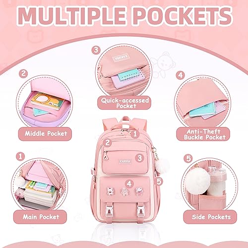 Girls Backpack, 3pcs Sets Kids Backpack for Girls with Anti-theft Back Pocket, Lightweight School Back pack Water Resistant Lunch Bag with Pencil case for Elementary Primary School, Pink - color: Pink 3pcs