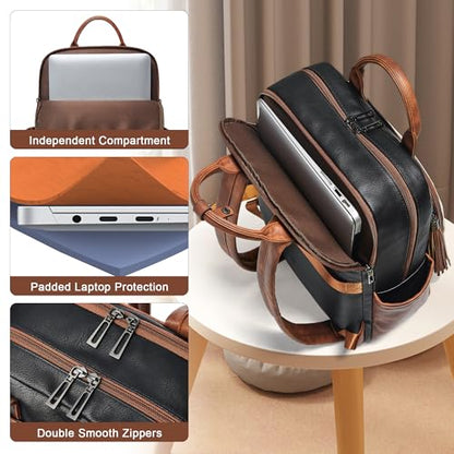 Shrrie Laptop Backpack for Women 15.6 inch Travel Leather Backpack Purse Work Computer Backpacks for Business College Black With Brown and White - color: Black With Brown and White