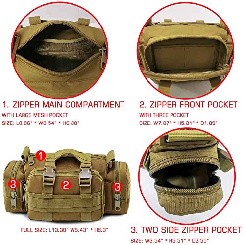 Tactical Duffel Bags for Men, 3P Military Molle Waist Fanny Packs EDC Utility Pouch Crossbody with Shoulder Strap Hand Carry - color: Tan