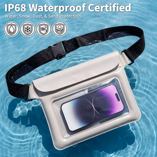 Waterproof Dry Bag Set 2 Pcs: White 9.8" Clear Fanny Pack with Black Waterproof Phone Case -7" Phone Pouch, IPX8 Floating Water Proof Belt Bag with Adjustable Strap for Cruise Beach Swim Essentials - color: White fanny pack + Phone pouch 7"