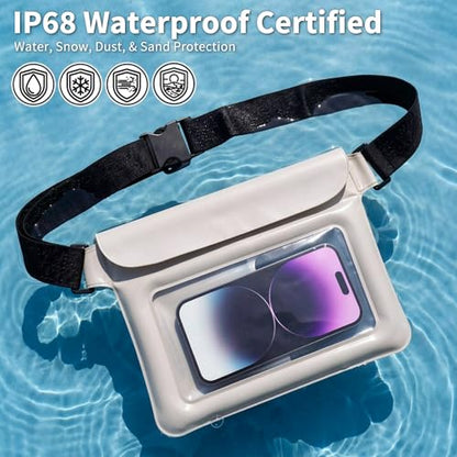 Waterproof Dry Bag Set 2 Pcs: White 9.8" Clear Fanny Pack with Black Waterproof Phone Case -7" Phone Pouch, IPX8 Floating Water Proof Belt Bag with Adjustable Strap for Cruise Beach Swim Essentials - color: White fanny pack + Phone pouch 7"