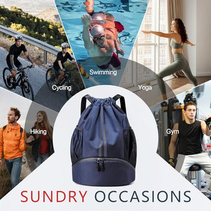 PinCute Drawstring Backpack for Women Men, Gym Bag for Soccer, Basketball, Swim, Beach, Water-Resistant Sports Backpack with Wet Pocket and Shoe Compartment, Navy Blue - color: Navy Blue