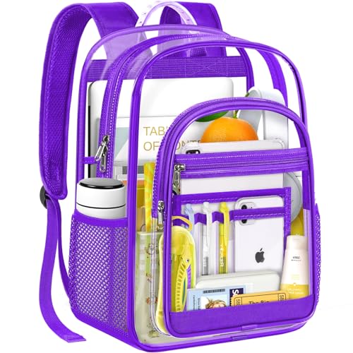 Clear Backpack for School - 17 inch Heavy Duty Transparent Bookbag for Boys and Girls, See Through Backpacks for Kids Elementary High School Students, Work - color: Purple