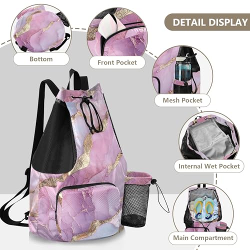Drawstring Beach Backpack Gym Sackpack With Pockets String Backpack Bag Waterproof Marble Pink Silver - color: Color 16