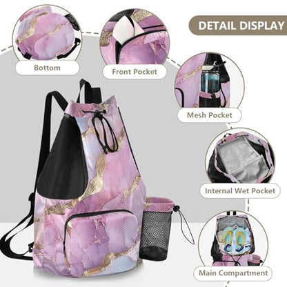 Drawstring Beach Backpack Gym Sackpack With Pockets String Backpack Bag Waterproof Marble Pink Silver - color: Color 16