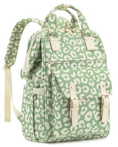 Laptop Backpacks for Women, Corduroy High School College Bookbag 15.6 Inch Laptop Bags for Teen Girls Work Travel Daypack (Leopard Matcha Green) - color: Leopard Matcha Green