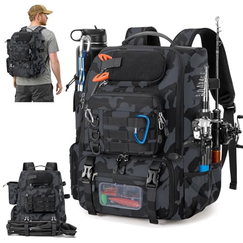 RAINSMORE Fishing Backpack with Rod Holders & Cooler 40L Water Resistant Tackle Backpack with Rain Cover Store Fishing Gear - color: Camouflage