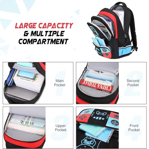 Bevalsa Backpack for Boys with 43OZ Bento Lunch Box,Insulated Lunch Bag & Pencial Case,Cool Luminous Gamer Schoolbag for Kids Teens Elementary Middle School,Bookbag Glow In The Dark - color: Red Blue, style: Backpack With 43oz Bento Box