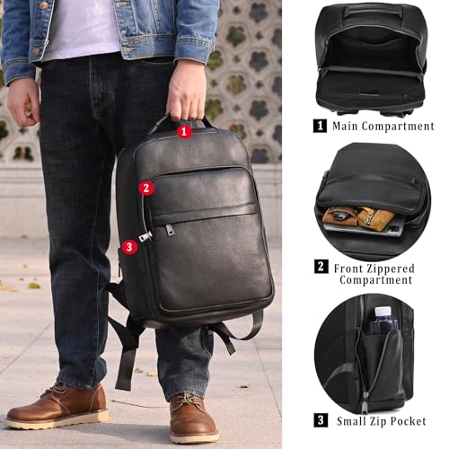 Laptop Leather Travel Backpack For Men Carry On Back Pack For Business Work computer Backpacks Fit 15.6" Laptop - color: Bb-19 Black
