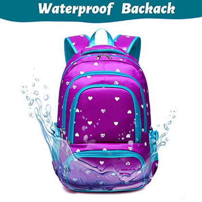 BLUEFAIRY Kids Backpack for Girls Primary Elementary School Bag Bookbag for Childs Book Bag Mochilas Escolares para Niñas de 4-6 Back to School Cute Gifts 17" Heart Print/Purple - color: Sky Blue / Purple