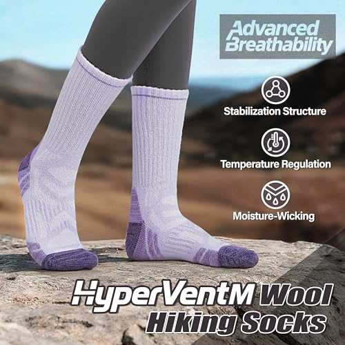 ANTSANG Merino Wool Hiking Socks, Enhanced Breathability, Targeted Cushion Thermal Socks for Men and Women, 5 Pairs - color: Pink/Purple, size: Large