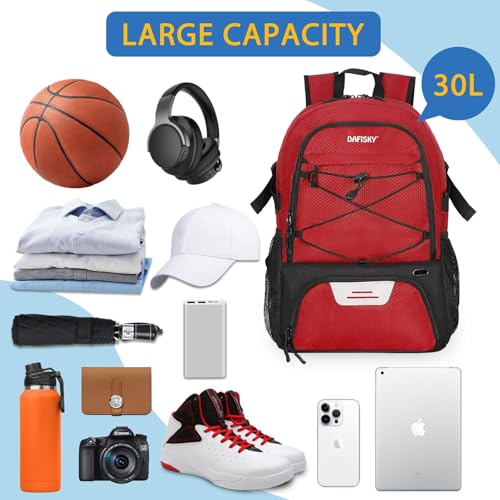 DAFISKY Basketball Backpack Sports Bag | Basketball Bag with Shoe Compartment and Ball Holder, 30L Large gym bag for boys girls - color: Red