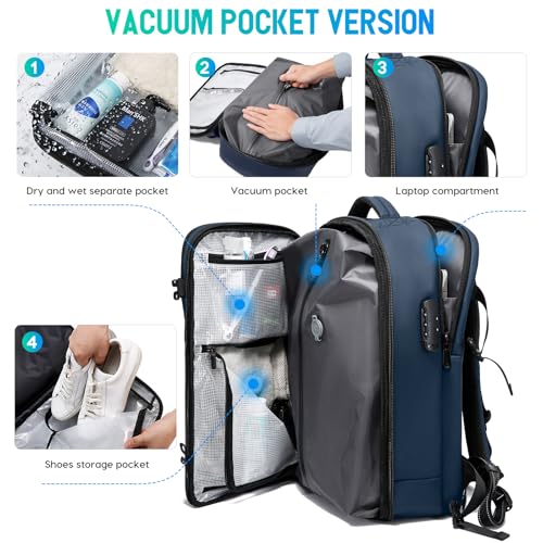 BANGE Travel Backpack with Vacuum Pocket and TSA lock version can hold 15.6 inch Laptop suitable Overnight Flight Approved Anti-theft Bag - color: Blue With Air Pump