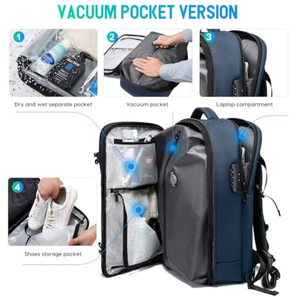 BANGE Travel Backpack with Vacuum Pocket and TSA lock version can hold 15.6 inch Laptop suitable Overnight Flight Approved Anti-theft Bag - color: Blue With Air Pump