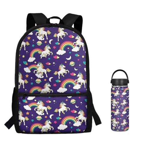 ZOUTAIRONG Rainbow Horse Print Backpack for School Mini Thermos with Carry Handle School Bags for Age 7-10/10-12/12-17, Casual Backpack with Side Pockets - color: Rainbow Horse