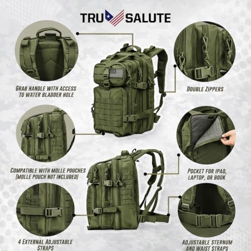 Tru Salute 45L Military Tactical Backpack Large Army 3 Day Assault Pack Molle Bug out Bag Rucksack (Amy Green) - color: Amy Green