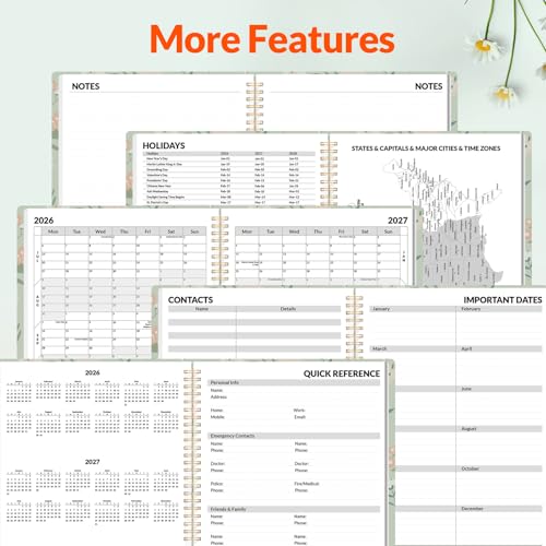 SUNEE Academic Planner 2026-2027 – Weekly & Monthly Planner, July 2026 to June 2027, 8.5"x11", Thick Paper, Tabs, Pockets, Bookmark, Spiral-Bound, Student Teacher Organizer, Green Wildflowers - color: Flowers