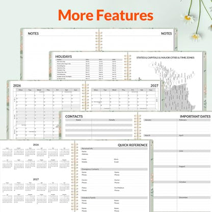 SUNEE Academic Planner 2026-2027 – Weekly & Monthly Planner, July 2026 to June 2027, 8.5"x11", Thick Paper, Tabs, Pockets, Bookmark, Spiral-Bound, Student Teacher Organizer, Green Wildflowers - color: Flowers