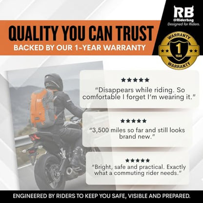 riderbag Reflective Motorcycle Backpack, Hi Viz Commuter Riding Bag | Designed by Riders for Everyday Rides with Laptop Compartment and Helmet Net. Built to Help You Be Seen. - color: Orange