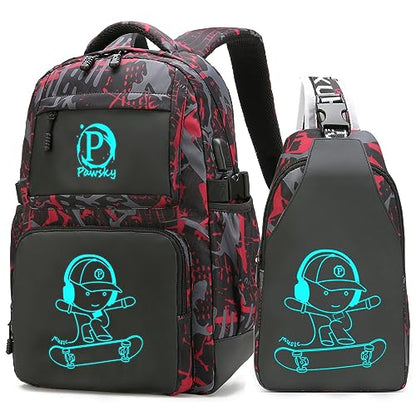 Skateboard Anime Luminous Backpack School Backpack with USB Charging Port for Teen Boys, College School Bookbag Lightweight Laptop Bag with Sling Bag Set, Red - style: Skateboard-red1