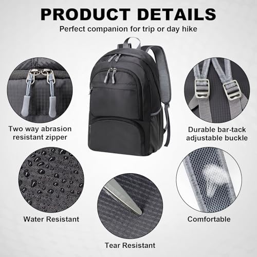 HOLYLUCK 20L Lightweight Packable Hiking Daypack Foldable Backpack for Men Women Small Travel Outdoor Foldable Shoulder Bag-black - color: Black