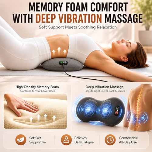 3-in-1 Electric Back Massager Pillow with Heat, Vibration & Traction, Ergonomic Lumbar Support Cushion with Memory Foam for Lower Back Comfort, Bed, Office Chair, Sofa & Car (Ash Gray)