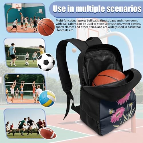 18.5in Basketball Backpack Basketball Bag with Shoe Compartment & Ball Holder, Waterproof Bag for Soccer Volleyball - color: Simple Pink Daisy Bee Print