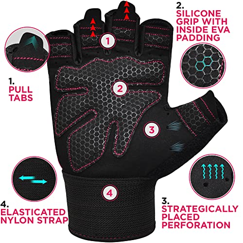 RDX Weight Lifting Gloves Gym Fitness Workout, Anti Slip Padded Full Palm Protection, Ultra Ventilated, Bodybuilding Strength Training HIIT WOD Exercise, Half Finger Men Women Cycling Rowing Climbing - color: Pink, size: Medium