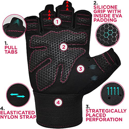 RDX Weight Lifting Gloves Gym Fitness Workout, Anti Slip Padded Full Palm Protection, Ultra Ventilated, Bodybuilding Strength Training HIIT WOD Exercise, Half Finger Men Women Cycling Rowing Climbing - color: Pink, size: Medium