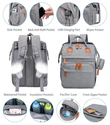 KABAQOO Diaper Bag Backpack with Detachable Changing Station, Large Capacity Baby Diaper Bags for Boys & Girls, Baby Registry Search Stuff & Shower Gifts, Newborn Essentials Must Haves, Grey - color: Grey