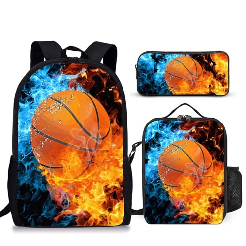 Basketball Backpack Set for School,17 Inch Casual School Bags with Lunch Box, Kids Daypack Bags and Pencil Case Set for Teens Boys Men Students - color: Ice&fire-basketball