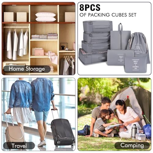 8 Set Packing Cubes For Travel-Travel Essential Carry On Luggage Organizer,Bring Laundry Bag, Shoe Bag, Clothing And Underwear Bag (Grey) - color: Grey
