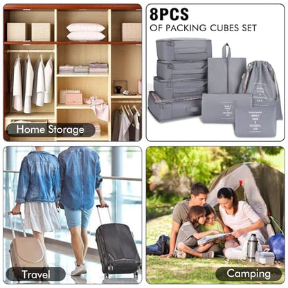 8 Set Packing Cubes For Travel-Travel Essential Carry On Luggage Organizer,Bring Laundry Bag, Shoe Bag, Clothing And Underwear Bag (Grey) - color: Grey