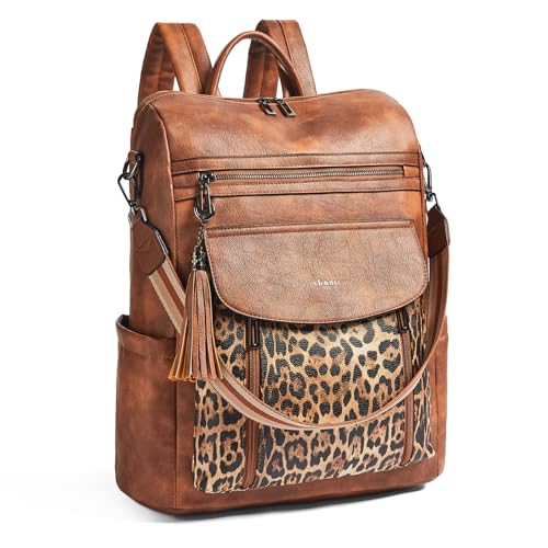 Shrrie Laptop Backpack for Women 15.6 inch,Travel Leather Backpack Purse Nurse Teacher Carry on Backpack Computer Bag,Professional Water-Resistant College Business Work Casual Daypack,Two-tone Maroon - color: Brown With Leopard