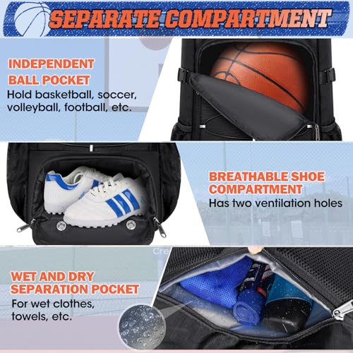 RAINSMORE Basketball Backpack 45L Basketball Bag with Separate Ball Holder & Shoes Compartment Water Resistant Sports Bag Basketball Equipment Bags Fit Volleyball, Soccer, Swim, Gym, Travel - color: Black