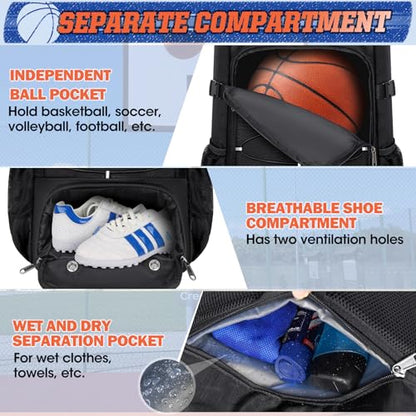 RAINSMORE Basketball Backpack 45L Basketball Bag with Separate Ball Holder & Shoes Compartment Water Resistant Sports Bag Basketball Equipment Bags Fit Volleyball, Soccer, Swim, Gym, Travel - color: Black
