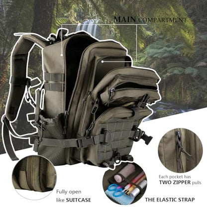 Hannibal Tactical 30L MOLLE Assault Pack, Tactical Backpack Military Army Camping Rucksack with Bottle Holder, 3-Day Pack, Olive Green - color: Olive, size: 30L
