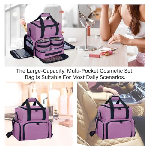 Large Makeup Cosmetic Bag with 3 Removable Case and 2 Removable Dividers Double Layer Travel Storage Organizer, Makeup Brushes Storage Section Purple - color: Purple