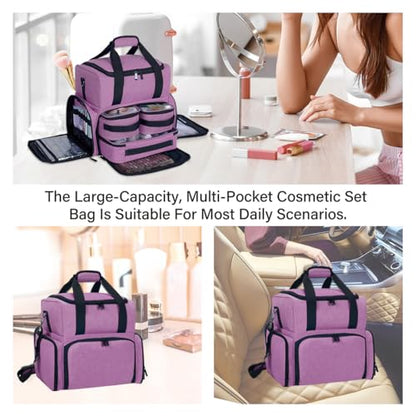 Large Makeup Cosmetic Bag with 3 Removable Case and 2 Removable Dividers Double Layer Travel Storage Organizer, Makeup Brushes Storage Section Purple - color: Purple