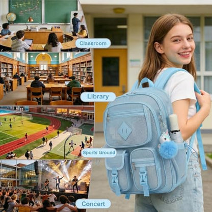Mesh Backpack for Girls Boys, Heavy Duty Semi-Transparent Mesh Bookbag Womens Mens Mesh Backpacks for School, Sports, Beach, Swimming, Travel - Baby Blue - color: Baby Blue