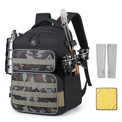 35L Tactical Fishing Backpack, Waterproof Tackle Backpack with 2 Rod Holders and 50+UV Protection Arm Sleeves,2LB Lightweight Fishing Bag, Daypack for Hiking, Hunting, Camping - color: Black Camouflage, style: With Arm Sleeves