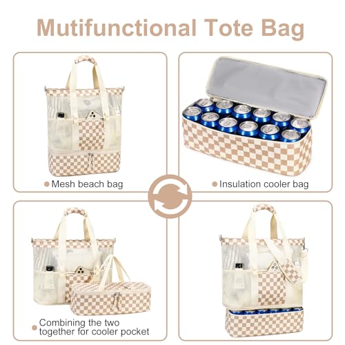 Bluboon Mesh Beach Tote Bag with Cooler Compartment Insulated Detachable Picnic Bag with Zipper and Pocket Pool Bag for Women - color: A-brown White Grid