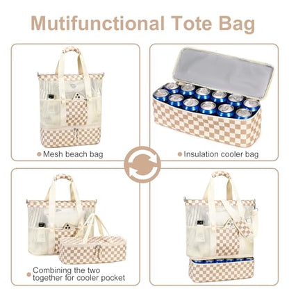 Bluboon Mesh Beach Tote Bag with Cooler Compartment Insulated Detachable Picnic Bag with Zipper and Pocket Pool Bag for Women - color: Black Floral Beige