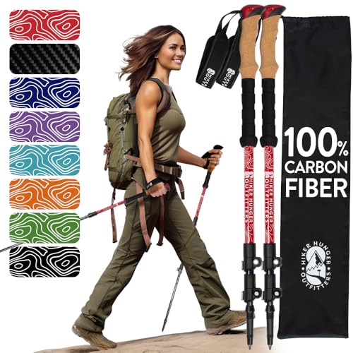 100% Carbon Fiber Trekking Poles by USA Brand - Ultra Strong Lightweight Collapsible Hiking Poles with Cork and EVA Foam Grips & Quick Adjustable Flip Locks - color: Cork - Red